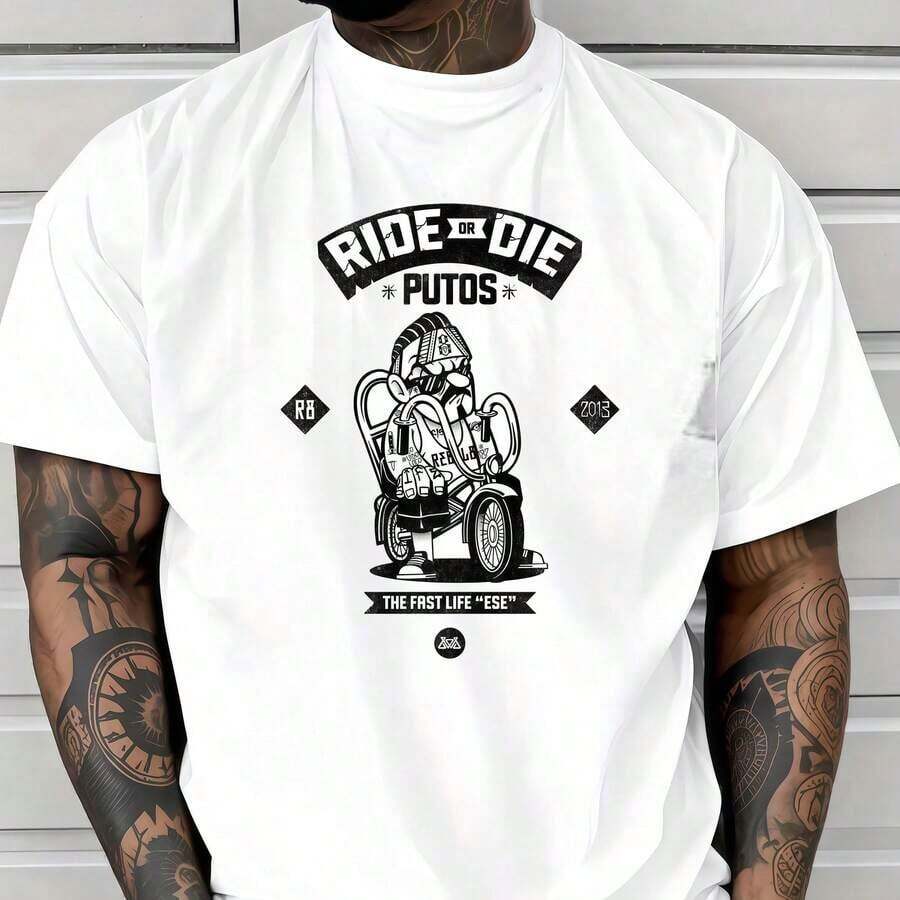 Short-Sleeved T-Shirt With Biker Print And Text - 白色 - 查看 1