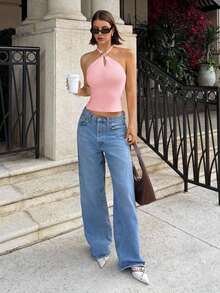 2026 Halter Neck Knitted Tops Women, Metal Button Decorated Tops, Autumn Women's Clothing, Tube Tops Streetwear Women, Oing Out Tops Women Knit Top,Back To School Clothes Sexy Tops Women,Halter Tops Chic Summer Casual - Rosa Pálido - Ver 4