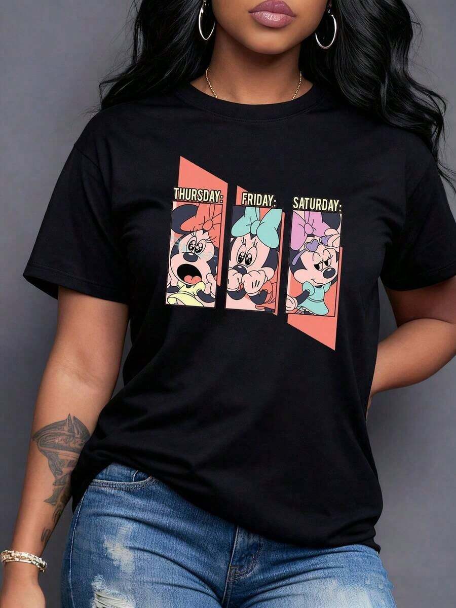 Cartoon Characters Humorously Depict The Changing Emotions From Thursday To Saturday, Symbolizing The Weekly Routine And Fun. Women's Casual, Modern, Comfortable, And Youthful T-Shirt, Casual Short Sleeve. - Black - View 1