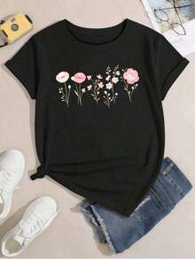 1 Piece Of Women's Casual T-Shirt With Black Floral Print, Made Of Premium Cotton, Loose Fit, Breathable, Casual, With Unique Graphic Print, 180g 100% Cotton. - 黑色 - 查看 2