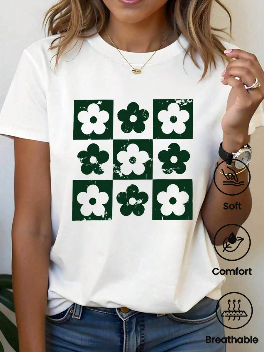 Esta camiseta de manga corta y cuello redondo, de corte holgado, es ideal para el verano. Presenta un divertido y elegante estampado floral a cuadros de estilo retro. Perfecta para vacaciones, la oficina, salidas, el día a día, citas, fiestas, reuniones y para un look urbano. Una prenda versátil de estilo casual y deportivo, también un regalo ideal para diversas ocasiones. - Blanco - Ver 1