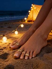 Set de 3 anillos para los dedos de los pies con baño de oro con diseño de serpiente y estrella, anillos para los dedos de los pies ajustables para mujeres, joyería de verano para la playa - Dorado - Ver 2