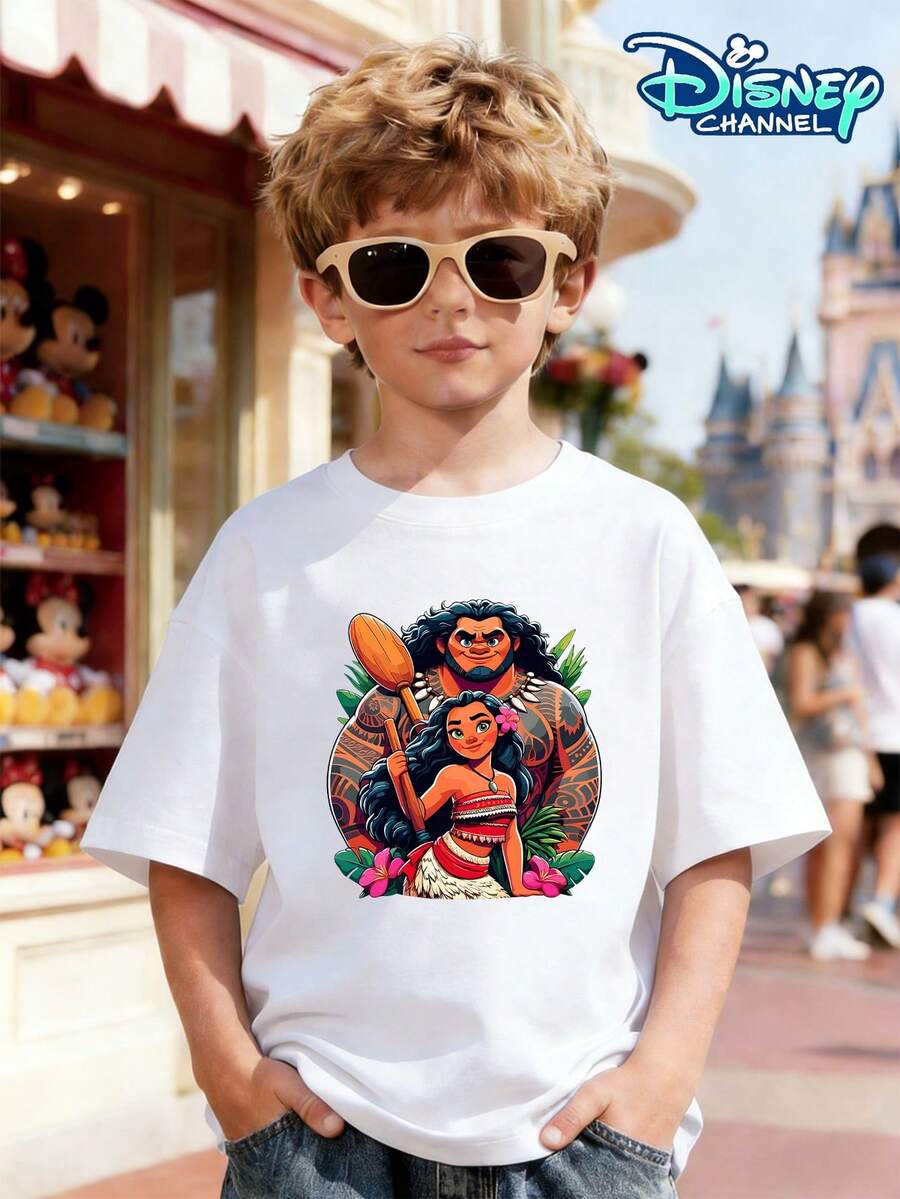 This Casual T-Shirt Is Suitable For Both Boys And Girls. It Features A Print Of Moana And Maui From Disney's Moana IP, Combining The Main Characters With Tropical Island Elements To Convey A Sense Of Courage And Healing. The Fabric Is Skin-Friendly And Breathable, Making It Comfortable And Cool To Wear In Summer. The Crew Neck Design Makes It Easy To Put On And Take Off. It Is Suitable For Various Occasions Such As Theme Park Visits, School Days, Outdoor Parties, And Family Vacations. It Goes Well With Jeans, Shorts, And Sweatpants. The Print Is Durable And Washable, And It Is Not Easy To Deform Or Fade. It Is A Practical Item In Your Child's Summer Wardrobe. - White - View 1