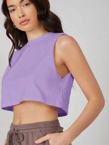 Top corto de tirantes holgado y cómodo de cuello redondo, de unicolor, para verano - Morado - Ver 3
