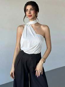 Body asimétrico con cuello de volantes en color marrón moca para mujer, body de moda para primavera, verano, otoño e invierno, adecuado para ir a trabajar, elegante, sexy, vacaciones, playa, estilo bohemio, Hawái, festivales de música, fiestas y a - Blanco - Ver 4