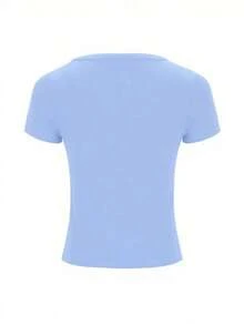 Camiseta casual ajustada de mujer con cuello en V, manga corta y corta - Celeste - Ver 3
