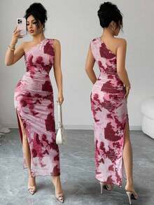 Vestido de noche de lujo para mujer, vestido sexy sin mangas con cuello asimétrico y estampado de teñido anudado - Burdeos - Ver 1