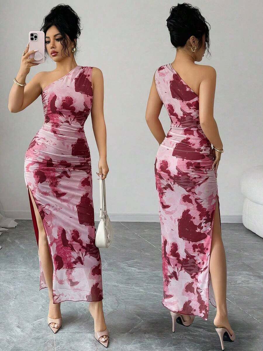 Vestido de noche de lujo para mujer, vestido sexy sin mangas con cuello asimétrico y estampado de teñido anudado - Burdeos - Ver 1