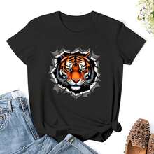 Women's Cotton Graphic T-Shirt, Casual T-Shirt With Ripped Tiger Face - Black Style. - View 3