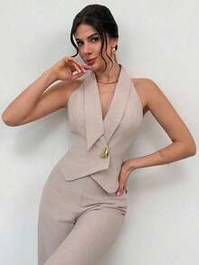 Chaleco asimétrico de mujer con cintura ceñida sin mangas, color albaricoque, con decoración de botones metálicos en la cintura, estilo británico, minimalista y básico para uso diario, apropiado para primavera/verano, elegante, para ir al trabajo, - Albaricoque 2 - Ver 1