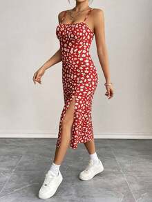 Vestido ajustado para mujer con tirantes de espagueti y abertura lateral con estampado floral diminuto - Rojo - Ver 6