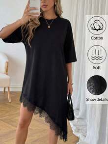 Vestido de talla media de manga corta con bajo asimétrico, de uso diario, de vacaciones y casual, de unicolor con parches de encaje, de moda básica para mujeres - Negro - Ver 5
