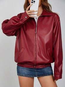 ICON Black PU Jacket With Zip Closure And Dropped Shoulders For Autumn/Winter - 紅色 - 查看 5
