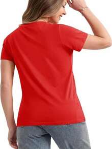 Women's T-Shirt Heart Block Print Spring Summer Casual Loose Round Neck Short Sleeve - [紅色的] - 查看 2