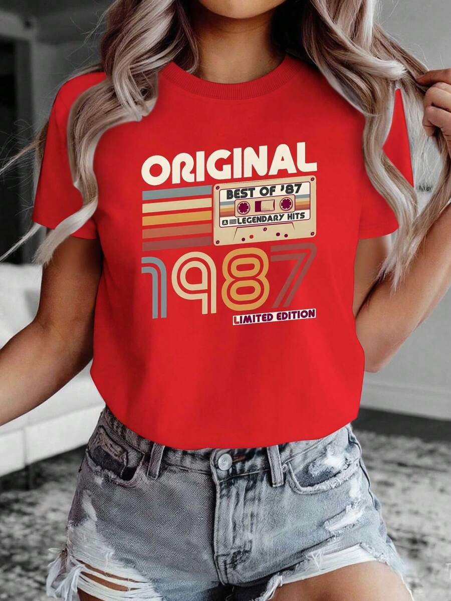 Camiseta de mujer creativa, cómoda y pura, edición limitada vintage de 1987 - [Rojo] - Ver 1