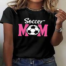 1 Piece, Classic And Versatile Pure Cotton Short-Sleeved T-Shirt, Ideal For Any Season, With A Feminine Soccer Mom Design, Modern Style.Jpg - Black - View 2