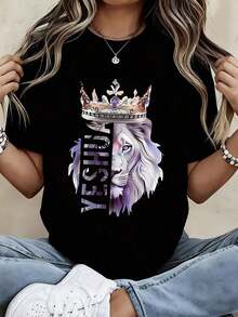 1 Piece Of Women's Round Neck T-Shirt With Yeshua Lion Print With Crown, Short Sleeve, Casual Wear For Daily Outfits And Religious Inspiration, 180g, 100% Cotton. - 黑色 - 查看 12