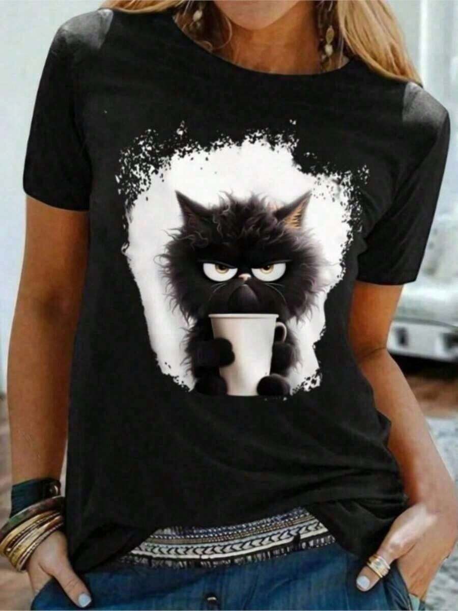 Women's Black Cat Print T-Shirt For Everyday And Weekend Wear, Y2K, HarAJsuku, Short Sleeves, Fun Fashion, Round Neck, Regular Fit, Loose And Comfortable - 黑色 - 查看 1