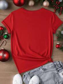 Colorful Christmas Print T-Shirt, Perfect For This Season, Modern, Loose Fit, Round Neck, Short Sleeves, Ideal For Seasonal Parties And Everyday Wear, Perfect For The Whole Family - 紅色1 - 查看 4
