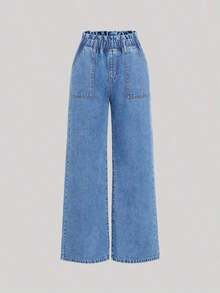 Chica adolescente Jeans con bolsillo oblicuo de pierna ancha - Azul lavado medio - Ver 1
