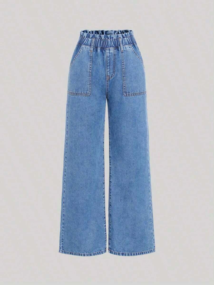 Chica adolescente Jeans con bolsillo oblicuo de pierna ancha - Azul lavado medio - Ver 1