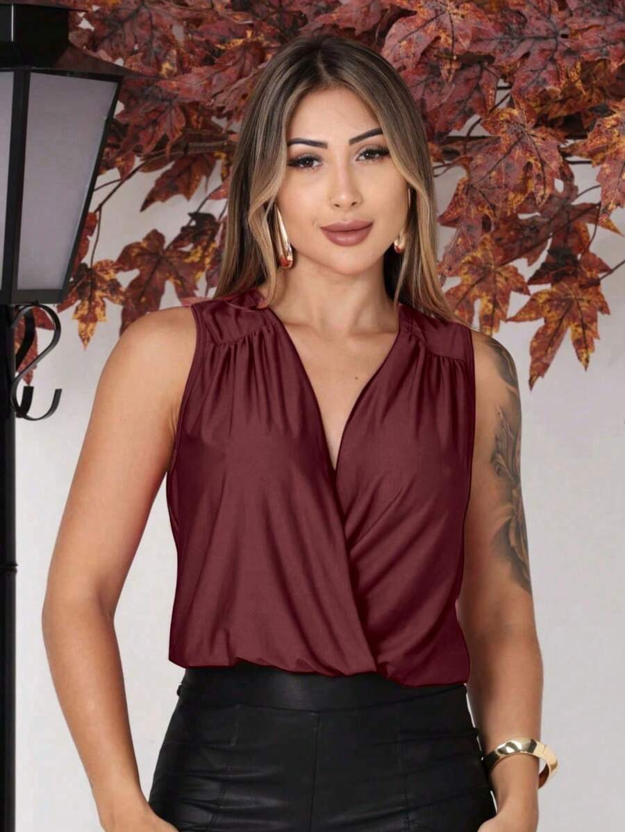 Women's Tank Top In Supplex Fabric, Simple, Casual, Party, Crossover, Ruched, Asymmetrical, Evening. - 紅木色 - 查看 1