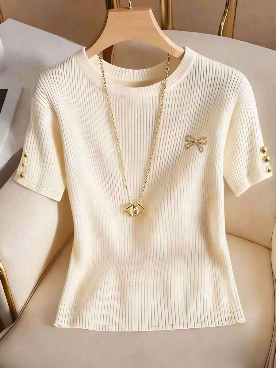 Elegante camiseta de punto de cuello redondo, top de punto minimalista de moda, primavera/verano - Albaricoque 2 - Ver 1