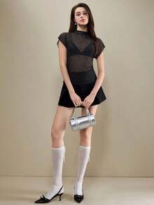 amiseta de mujer con cuello Mao, manga de murciélago y estampado de lunares transparente.Versátil para el verano, elegante para el transporte urbano, estilo académico vintage, ocasión formal de oficina Y2K, transporte urbano el - Marrón 2 - Ver 3