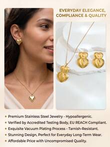 1 Set Stainless Steel Gold Jewelry Set For Women Quilted Heart Necklace Earrings, Hypoallergenic Textured Tarnish Free Gift For Her - Gold - View 4