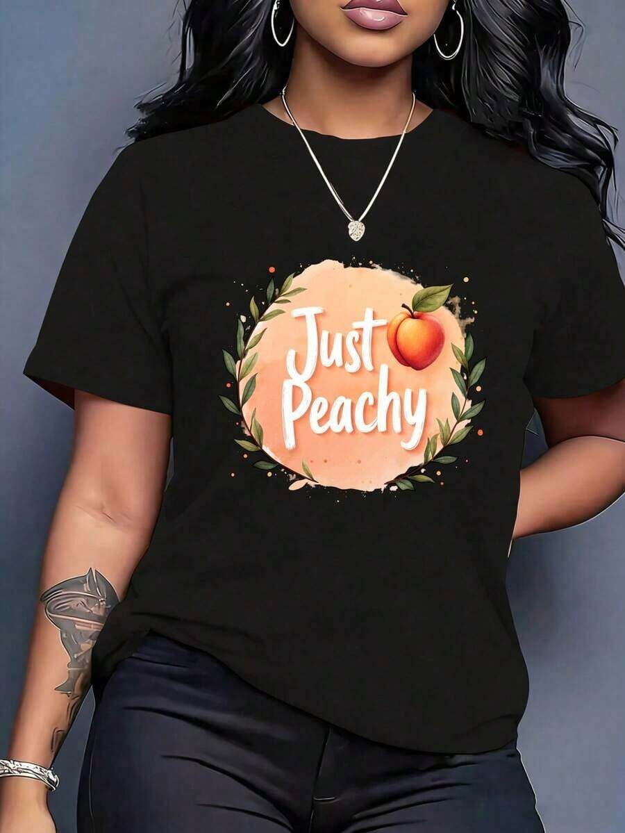 Camiseta Casual de Cuello Redondo con Estampado Divertido "Just Peachy" para Mujer, Camiseta Gráfica con Diseño de Frutas, Top Casual de Verano para Mujer, Atuendo Divertido y Bonito, Ideal para Regalos de Vacaciones. - Negro - Ver 1