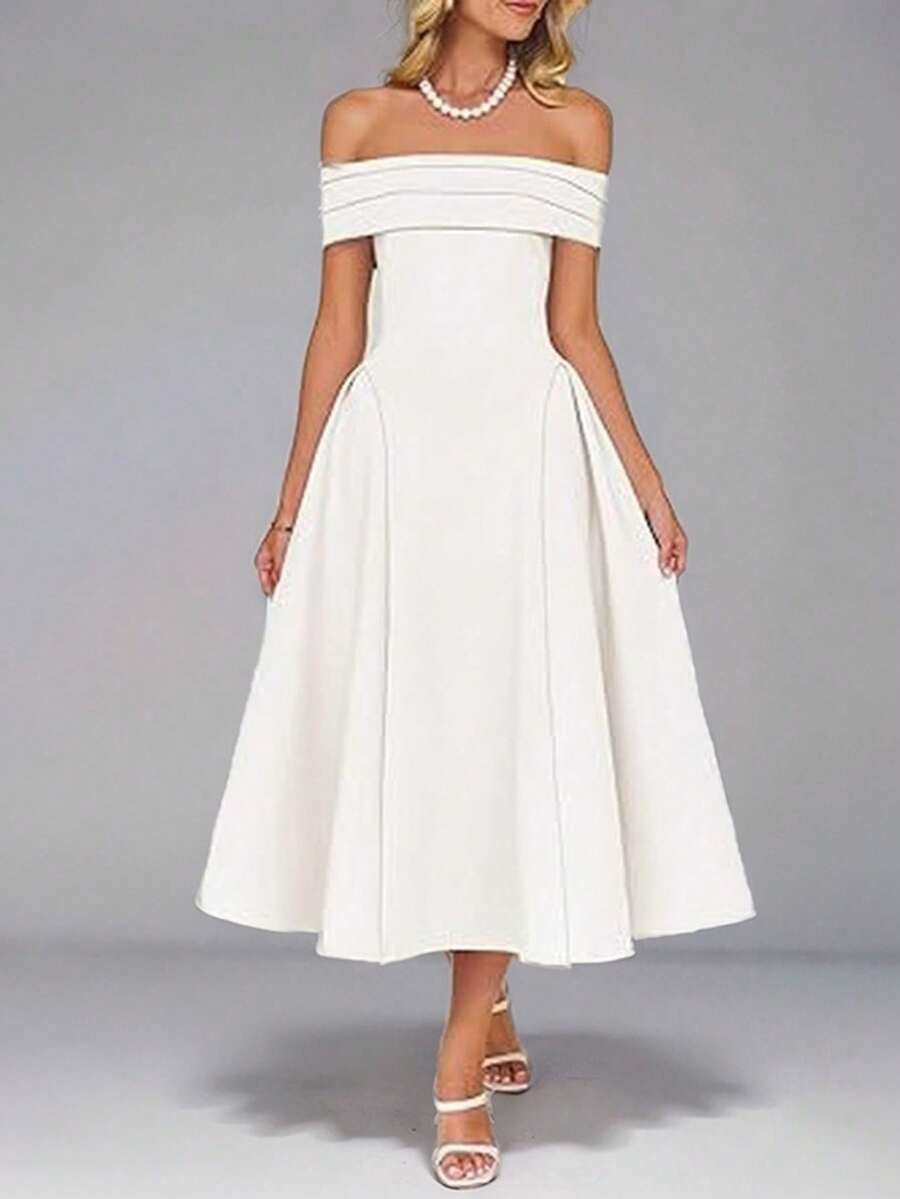 Spring 2026 Maxi Dress, Solid Color With Off-The-Shoulder Design, Elegantly Sensual Style - White - View 1