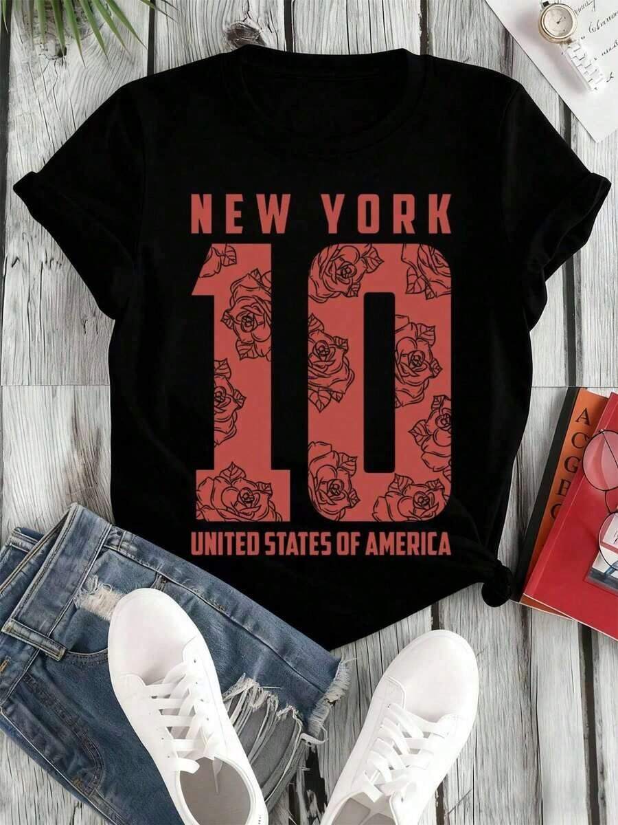 Camiseta NY Rose 10 para mujer, de cuello redondo, manga corta, edición limitada, para uso diario y de fin de semana, cómoda, holgada y a la moda, estilo hip-hop urbano, ropa exterior elegante para el verano, regalos preferidos para festivales, camiseta unisex con estampado hip-hop urbano, adecuada para primavera, verano y otoño. - Negro - Ver 1