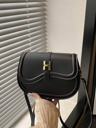 1件装女士时尚通勤纯色翻盖单肩包，便携多功能奢华高品质马鞍斜挎包，适合约会、购物、送礼