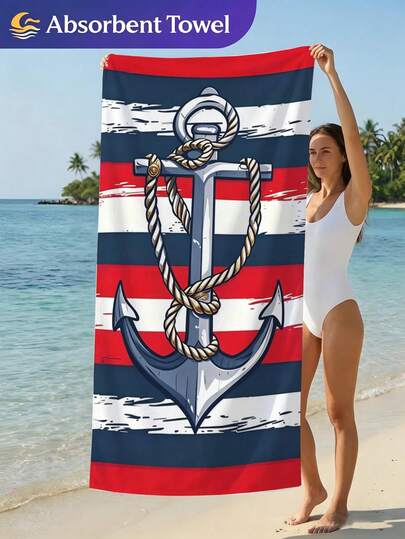 1pc Navy Style Anchor Printed Ultra-Soft Fiber Beach Towel, Available In Multiple Sizes Beach Blanket, Lightweight, Suitable For Swimming, Camping, Sports, Beach Or Gym, Beach Accessories | Modern Beach Towel | Durable Beach Mat, Beach Towel