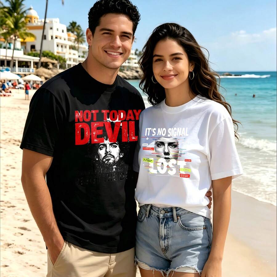 2-Piece Couple Matching Pattern T-Shirt, 100% Cotton, Loose Fit, Soft And Breathable, Casual Round Neck Short Sleeved Top Secret Girl With Dreads Cultured Woman With Hair Versatile Patterns No Picky Combinations Coordinated Dating Casual Travel Simple And Cartoonish Printing Styles High - 黑色 - 查看 1
