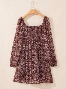 Acelitt Vestido de manga farol con frente fruncido y parches con estampado floral diminuto, elegante para vacaciones de primavera - Burdeos - Ver 5