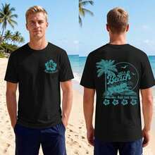 Camisetas Gráficas para Hombre con Estampado de Flor de Hibisco y Palmera, Camisetas de Playa, Camiseta Casual de Algodón de Talla Grande, Top de Verano 7F15 - Negro - Ver 2