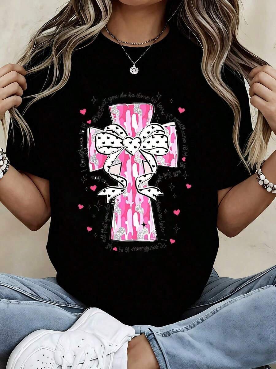 Camiseta con estampado de cruz rosa y lazo, cita cristiana, para uso casual y deportivo - alta calidad - Negro - Ver 1