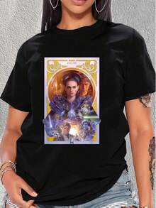 Ilustración galáctica que representa una batalla épica entre luces y sombras con personajes futuristas y energía cósmica llena de poder místico y aventura espacial camiseta de mujer  cómoda y moderna ideal para uso diario - Negro - Ver 1