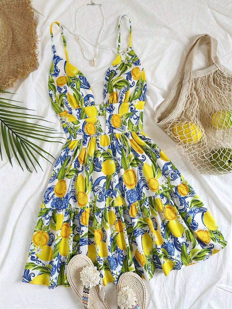 Vestido corto de mujer con estampado de limones coloridos para vacaciones - Multicolor - Ver 1
