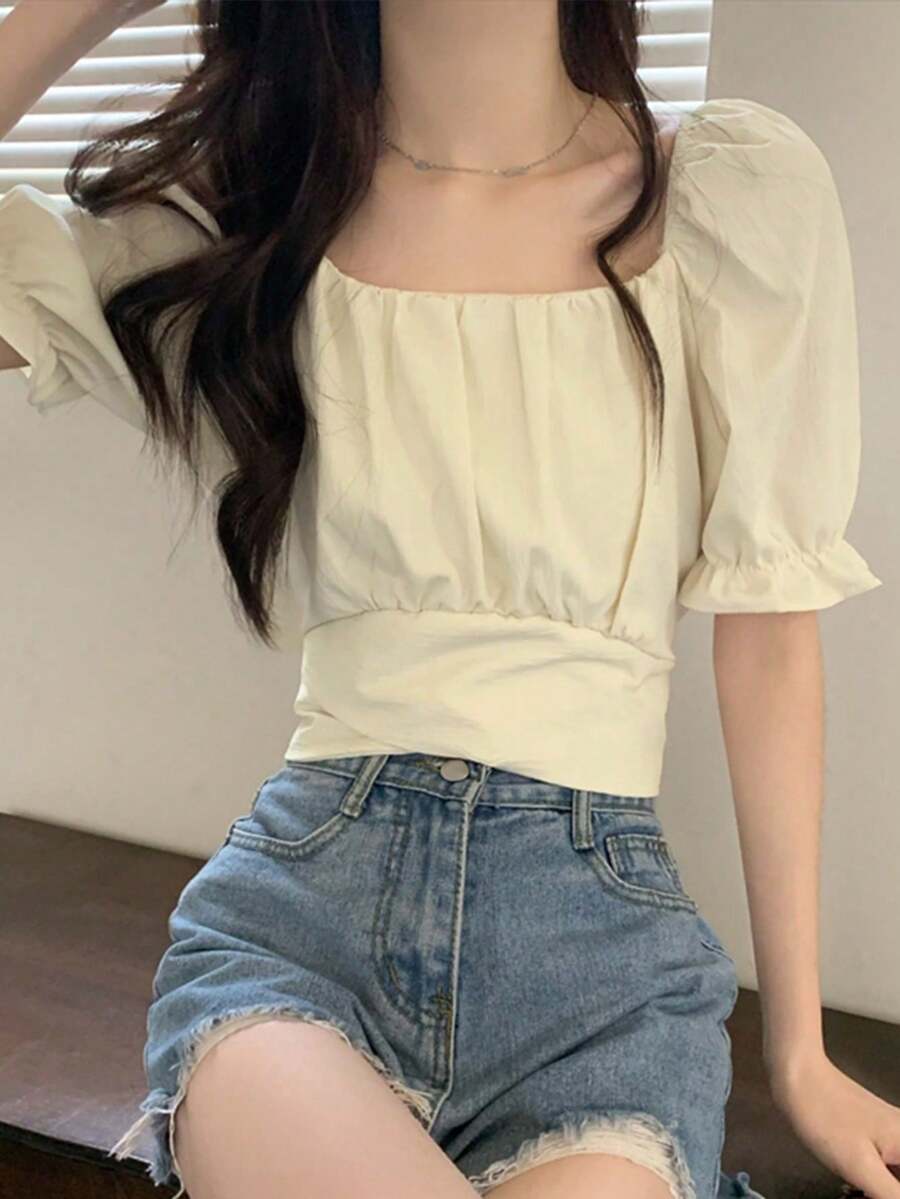 夏季休閒純色泡泡袖短版上衣 - 杏色 - 查看 1