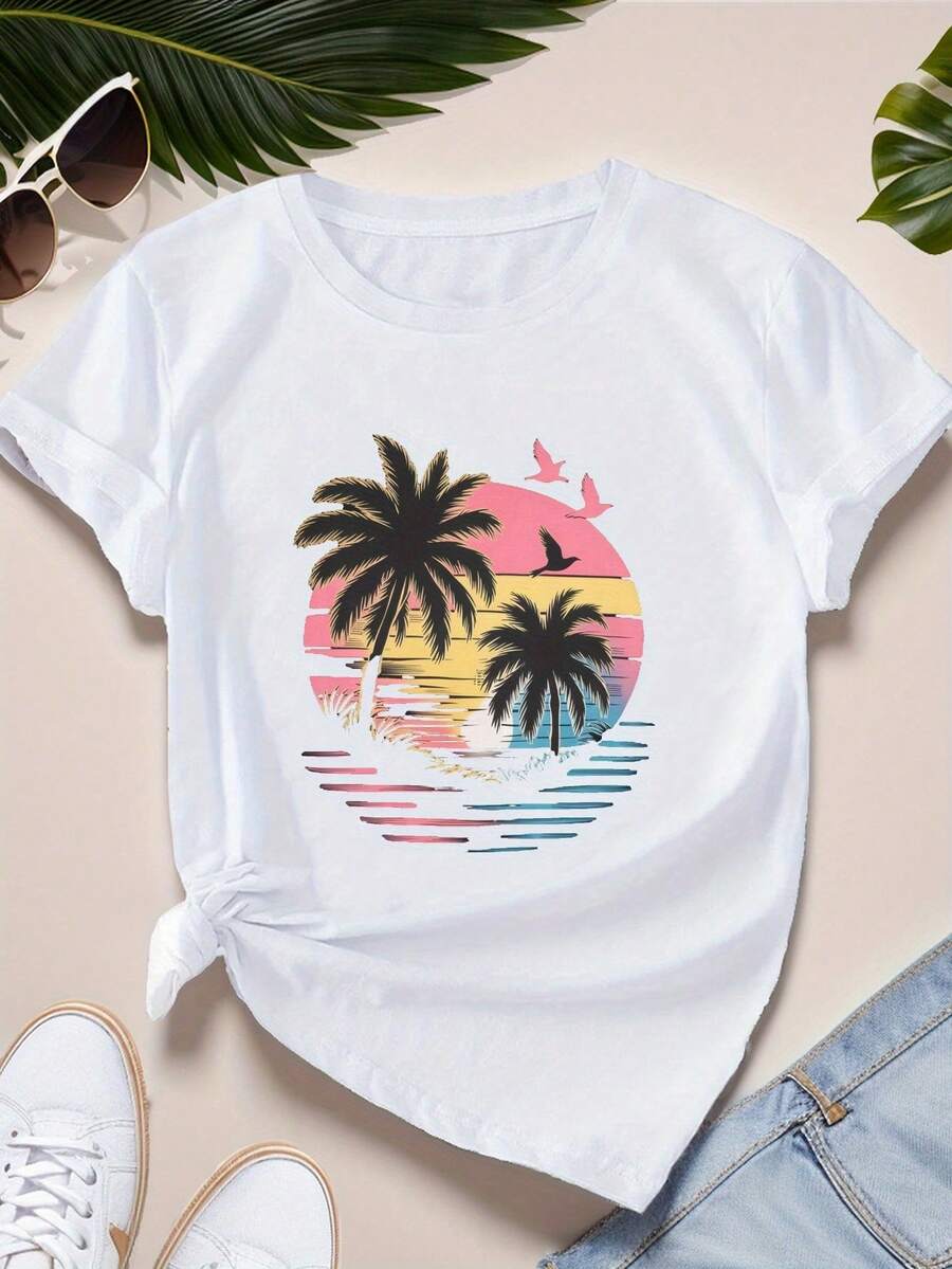 Plus Size Women's Tropical Beach T-Shirt With Palm Tree And Wave Print - Casual And Sporty Short Sleeve Round Neck Blouse, Suitable For All Seasons, Machine Washable, Beachwear And Everyday Wear - For Plus Sizes (Tropical Palm Tree And Ocean Wave Print) - 白色 - 查看 1