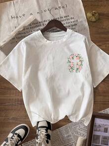 Camiseta Casual de Verano para Mujer - Estampado de Cruz Floral de Jesús, Cuello Redondo, adecuada para uso al aire libre, estilo callejero Y2K, estética punk, para la temporada de regreso a clases, viajes, clubes, gimnasios, entornos deportivos y ocasiones festivas - Camiseta Vintage de Estilo Urbano Unisex, Holgada, de Algodón, Manga Corta y Cuello Redondo, blusas para mujer. blusas.blusas casuales para dama. - Blanco - Ver 3
