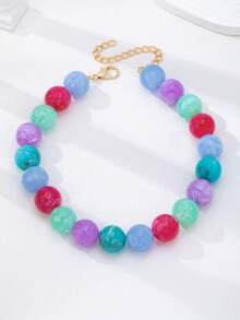 Colorful Swirl Bead Choker Necklace, Boho Style Flat Round Bead Exaggerated Necklace, Retro Multi-Color Resin Bead Chain Necklace For Women, Suitable For Summer, Vacation And Daily Wear - Multicolor - View 2