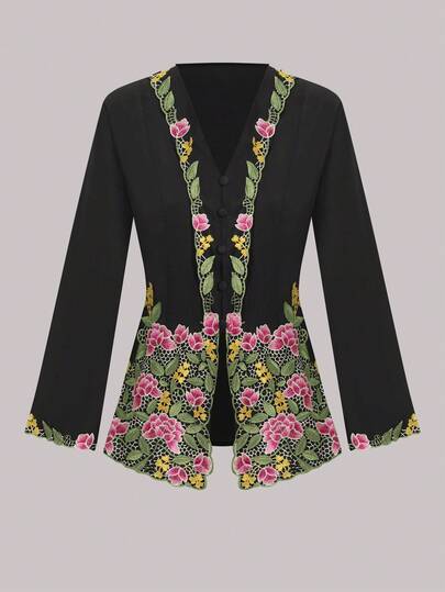 Women's Elegant Romantic Floral Embroidery Button-Up Cardigan, Long Sleeve Black Fall
