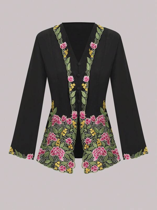 Women's Elegant Romantic Floral Embroidery Button-Up Cardigan, Long Sleeve