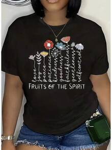 Women's Casual "Fruits Of The Spirit" T-Shirt, Christian Graphic Tee With Flowers, Love, Joy, Peace, Patience, Kindness, Faithfulness, Gentleness, Self-Control, Motivational T-Shirt, 220g, 100% Cotton, Durable - 黑色 - 查看 2