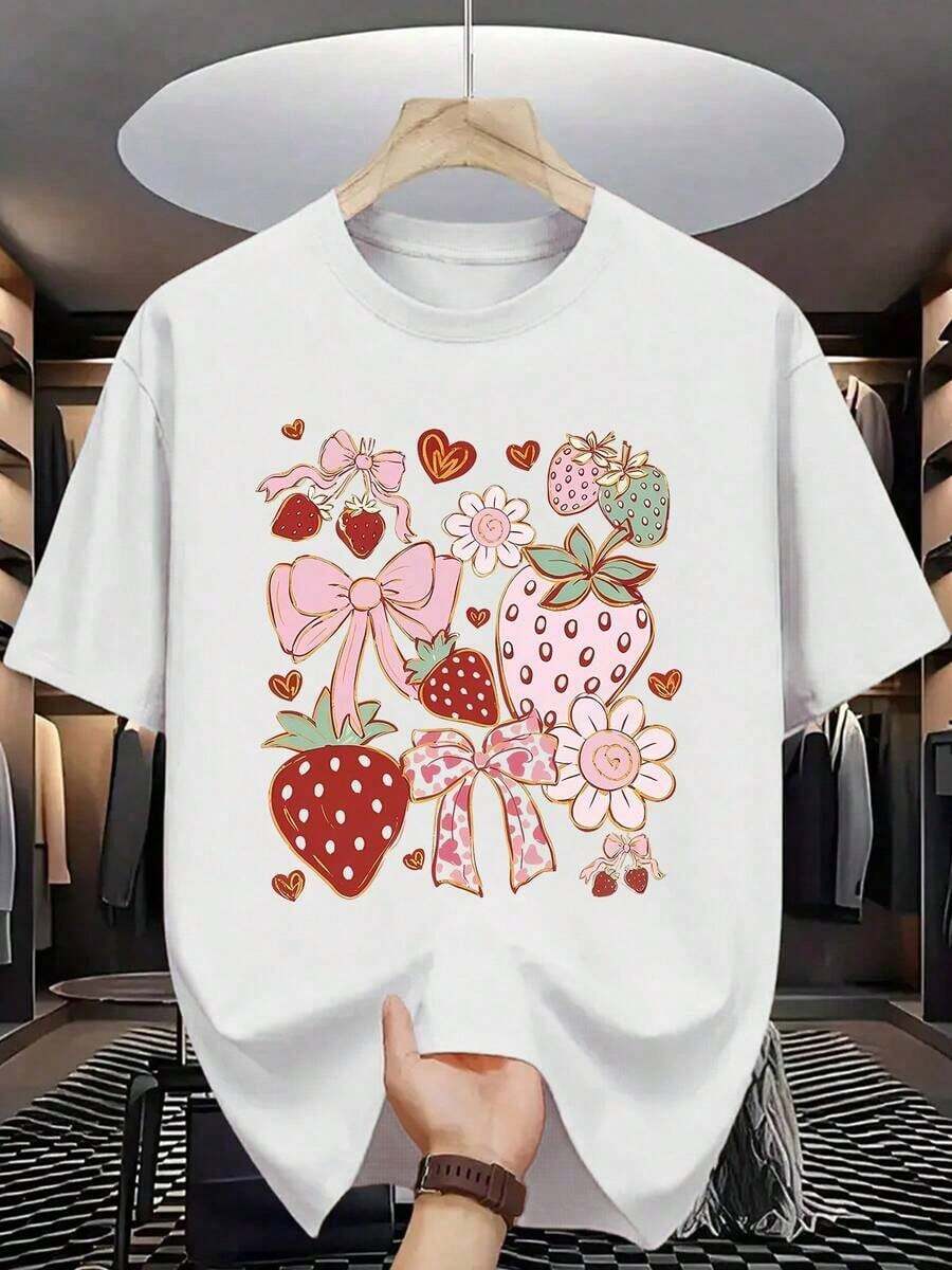 Camiseta casual [Camiseta deportiva] [Camiseta de fresa dulce] Camiseta de manga corta para mujer con estampado de flores y lazos de fresa dulce|   Blusa Casual de Verano con Cuello Redondo, Adecuada para Estilos Dulces|   Corte relajado|   Talla Grande 100% Algodón Duradero - Blanco - Ver 1