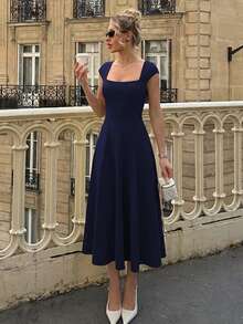 Vestido largo invierno estilo francés liso ajustado con tirantes cremallera y lazos traseros elegante moda para mujer - Azul Marino - Ver 7