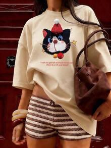 Camiseta de Manga Corta con Gato Festivo y Frase Juvenil,Camiseta de manga corta de moda para primavera y verano de 2026, hecha en México, 180 gramos. Estampado de dibujos animados, modelo de pareja, apta para uso interior o exterior. Cuello redondo, unisex, ideal para oficina y ocio. Paquete de una pieza. - APR-P631577SLNDXZGY398 - Ver 3